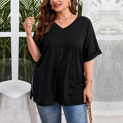 Blusa Suelta con Escote en V y Abertura Lateral - Camiseta Casual de Manga Corta - Image 22