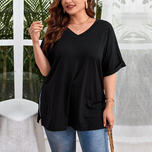 Blusa Suelta con Escote en V y Abertura Lateral - Camiseta Casual de Manga Corta - Image 22