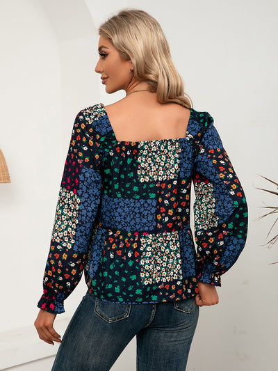 Blusa Casual con Cuello Cuadrado, Mangas Volantes y Flores Pequeñas - Image 8