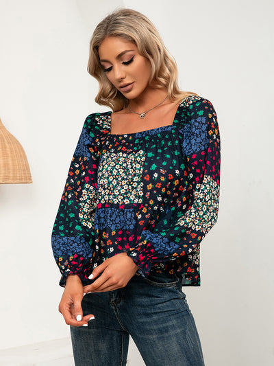 Blusa Casual con Cuello Cuadrado, Mangas Volantes y Flores Pequeñas - Image 11