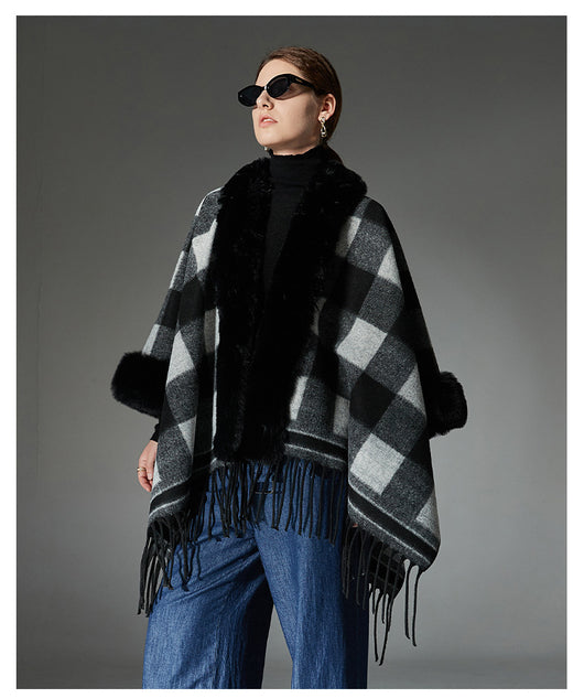 Chal Cuadros Blanco y Negro con Cuello de Piel - Estilo Europeo Otoño Invierno - Image 12