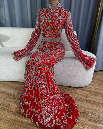 Vestido Largo de Noche Rojo con Cuello Alto y Falda Sirena - Image 20