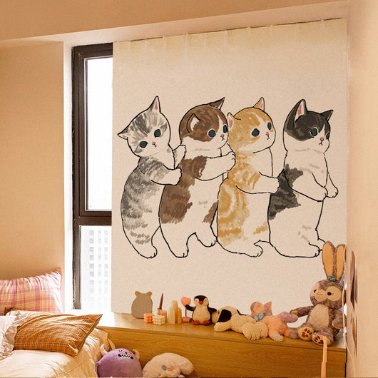 Cute cartoon curtain featuring a grey tabby kitten riding on a brown Shiba Inu puppy, with punch-free Velcro installation. - Image 34