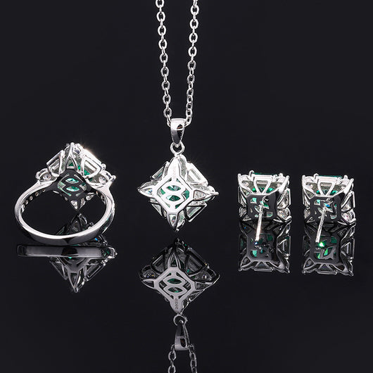 Conjunto de Anillo Plata 925 Esmeralda y Diamante Princesa Cuadrado - Image 10