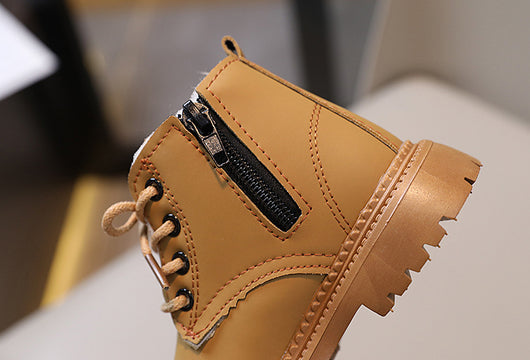 Black children's fashion Martin boots with laces and a side zipper, featuring a thick rubber sole. - Image 18