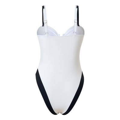 White one-piece women's swimsuit with black side panels and straps, featuring a ruched bust and U-shaped detail. - Image 16