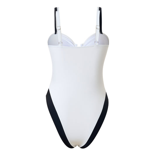 White one-piece women's swimsuit with black side panels and straps, featuring a ruched bust and U-shaped detail. - Image 16