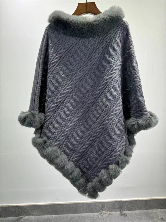 Poncho Tipo Capa de Punto Grueso con Cuello de Pelaje - Image 38