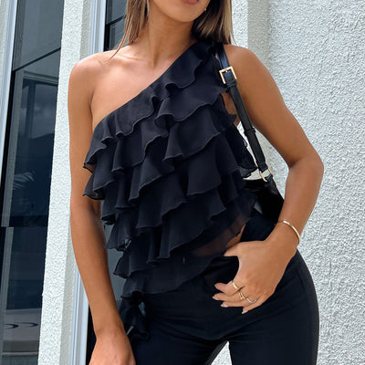 Blusa Asimétrica con Volantes en Colores Sólidos - Image 11