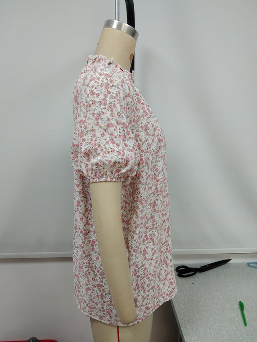 Camisa Suelta Casual con Estampado Floral Pequeño y Cuello en V - Image 31
