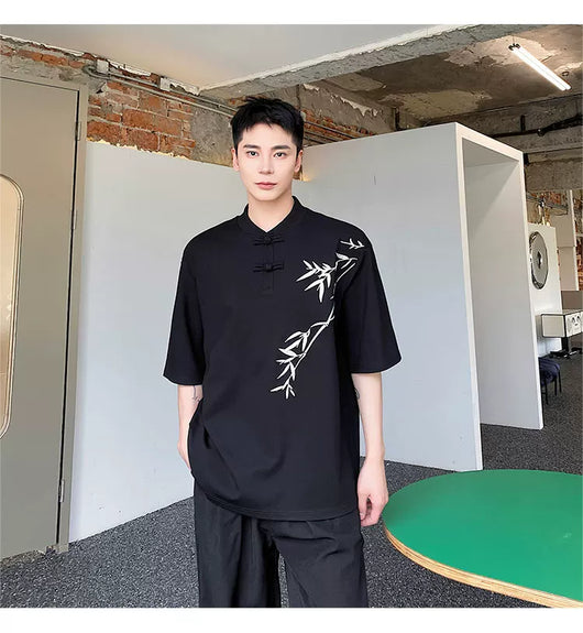Camisa de Manga Corta con Bordado de Hojas de Bambú para Hombre - Image 21
