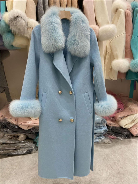 Abrigo Largo de Lana Doble Faz con Cuello de Piel de Zorro para Mujer - Image 14