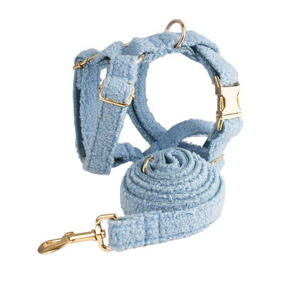 Light blue teddy bear textured dog collar and matching leash set with gold-colored hardware. - Image 19