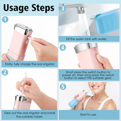 Portable water flosser in gradient pink and blue with four nozzles, a charging cable, and its product box. - Image 46