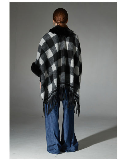Chal Cuadros Blanco y Negro con Cuello de Piel - Estilo Europeo Otoño Invierno - Image 16