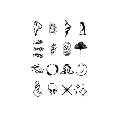 Sheet of 24 black outline doodle temporary tattoo stickers including a bow, heart, crown, sun, stars, and flowers. - Image 40