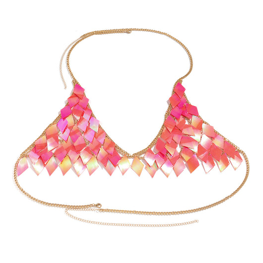 Woman wearing a gold-tone body chain top with iridescent pink and orange diamond-shaped sequins, perfect for beach or festival. - Image 21