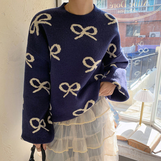 Suéter Jacquard con Moño y Cuello Redondo - Blusa Holgada de Manga Larga - Image 14
