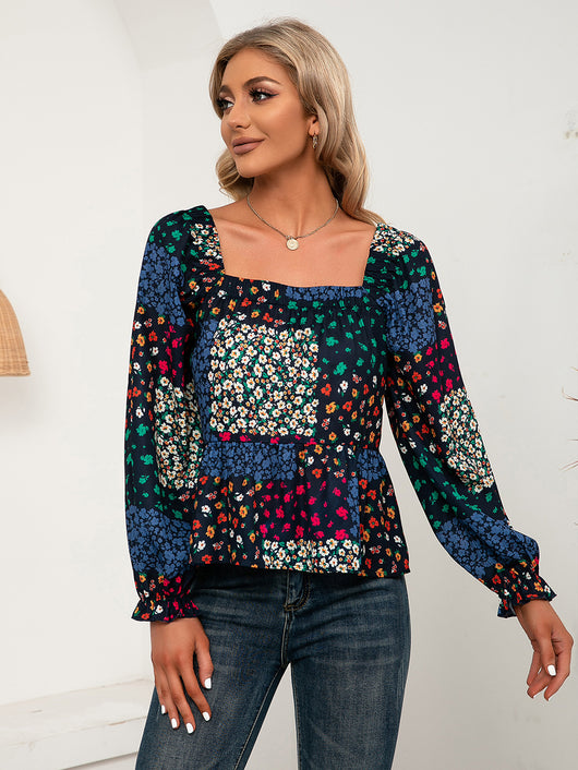 Blusa Casual con Cuello Cuadrado, Mangas Volantes y Flores Pequeñas - Image 7
