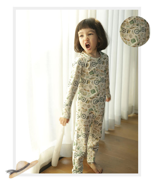 Bamboo cotton knitted parent-child pajama set with a pumpkin print long-sleeve top and solid light blue-grey pants. - Image 37