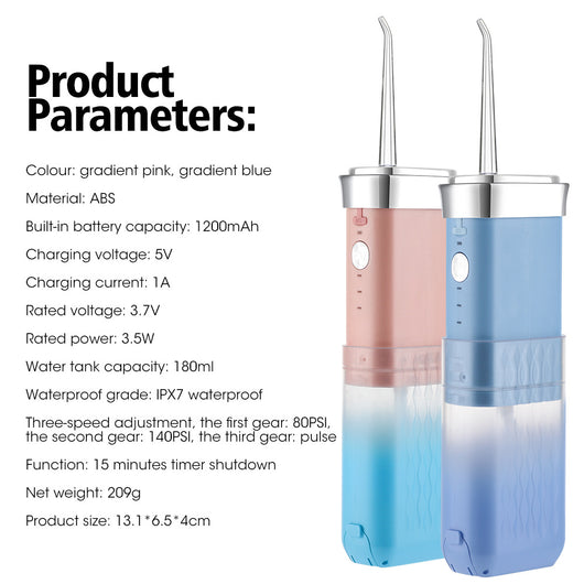 Portable water flosser in gradient pink and blue with four nozzles, a charging cable, and its product box. - Image 40
