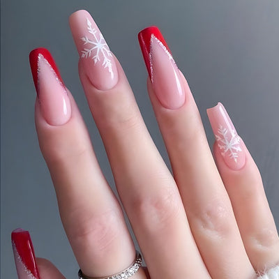 Uñas Postizas Navideñas con Diseño de Copos de Nieve y Rayas - Image 28