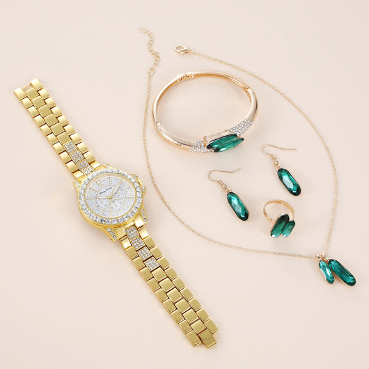 Conjunto de Accesorios en Acero Verde: Reloj, Anillo, Collar y Aretes de Cuarzo - Image 30