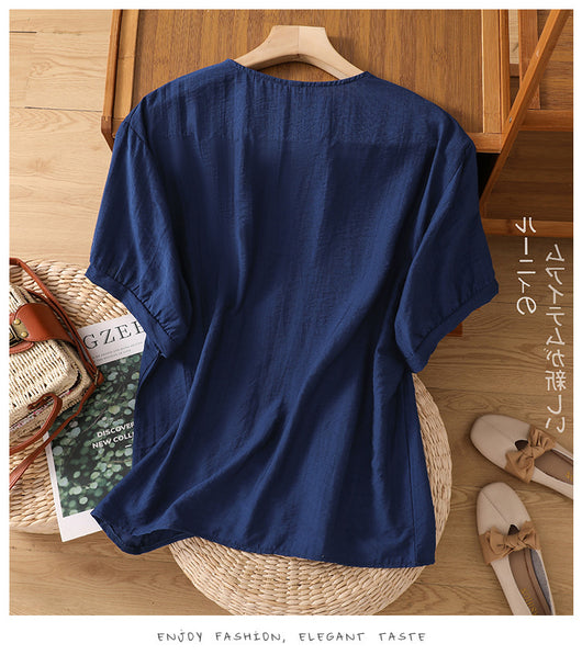 Blusa Suelta de Algodón y Lino con Escote V y Manga Corta para Mujer - Image 54