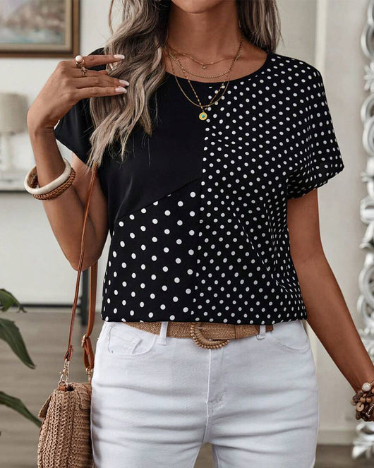 Blusa Estampada de Lunares para Mujer - Cuello Redondo y Manga Corta - Image 11