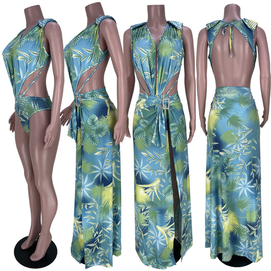 Traje de Baño Dos Piezas con Cardigan Estampado sin Mangas - Image 43