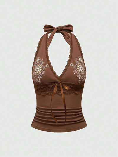 Chaleco Halter de Encaje Floral Bordado Ajustado y Estilizador - Image 13