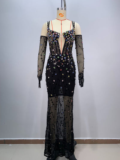 Vestido de Malla Elegante con Cristales Brillantes y Cintura Ajustada - Image 12