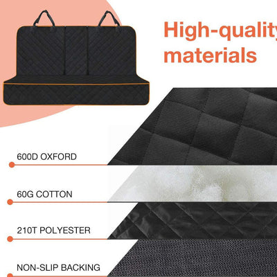 Black quilted car seat cover for dogs, shown with a golden retriever, protecting the rear seat from water and dirt. - Image 23