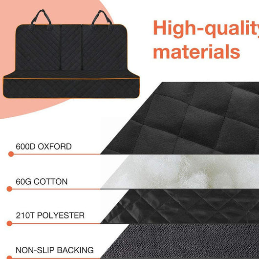 Black quilted car seat cover for dogs, shown with a golden retriever, protecting the rear seat from water and dirt. - Image 23