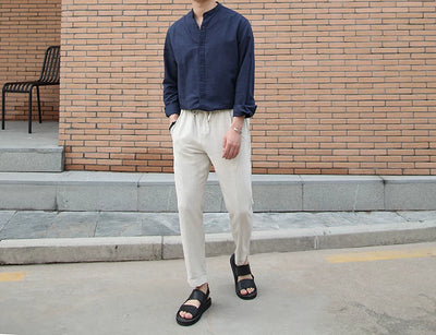 Camisa de Lino Retro con Cuello Mao para Hombre - Image 18