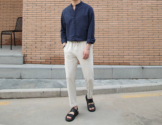 Camisa de Lino Retro con Cuello Mao para Hombre - Image 18