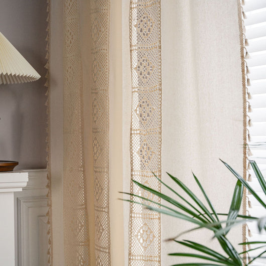 Beige crochet and plaid stitching short curtain with tassels, made from polyester cotton, hanging in a cozy room. - Image 25