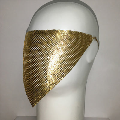 Gold rhinestone mask made of metal mesh, covering the face from the eyes to below the chin, displayed on a white mannequin head. - Image 37