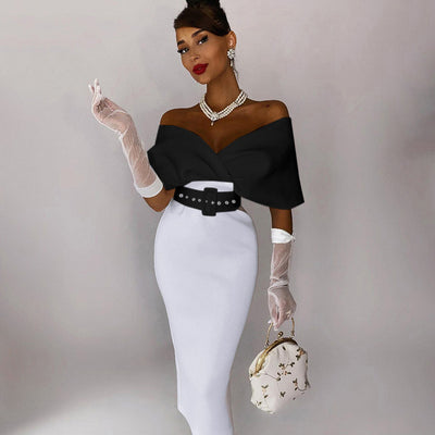 Vestido Ejecutivo Elegante con Hombros Descubiertos y Cinturón Contrastante - Image 8