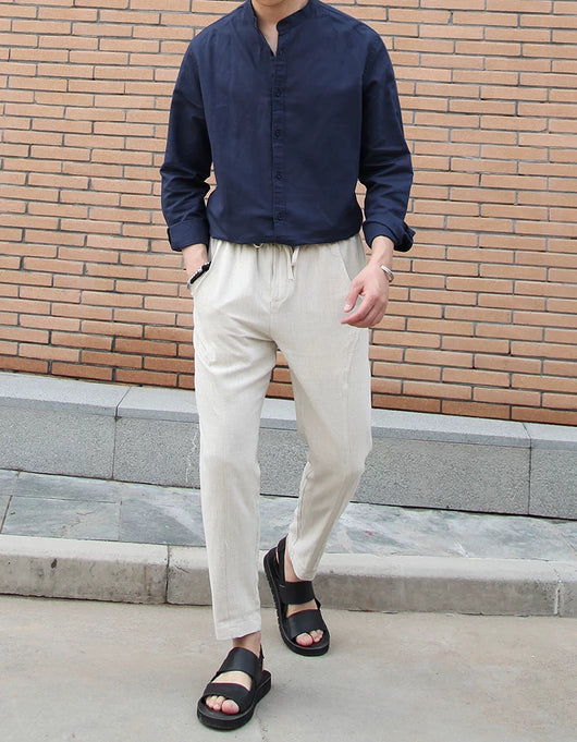 Camisa de Lino Retro con Cuello Mao para Hombre - Image 16
