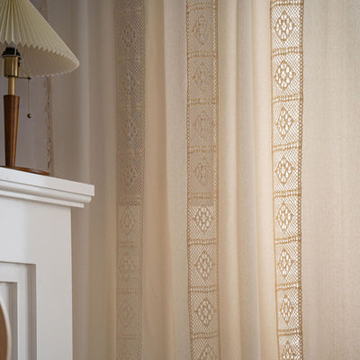 Beige crochet and plaid stitching short curtain with tassels, made from polyester cotton, hanging in a cozy room. - Image 21