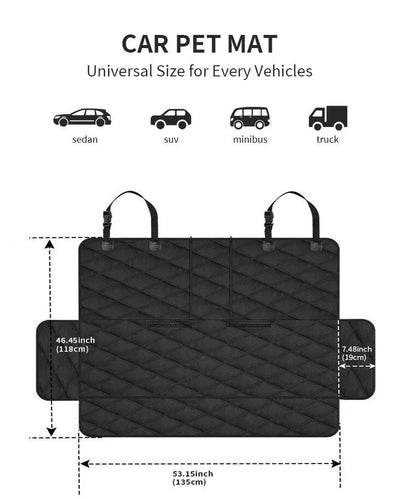 Black quilted car seat cover for dogs, shown with a golden retriever, protecting the rear seat from water and dirt. - Image 15