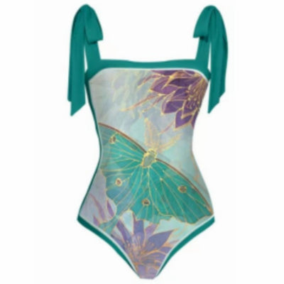 One-piece swimsuit with purple tie-shoulder straps, square neckline, and a teal butterfly and floral print. - Image 17