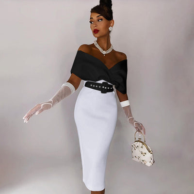 Vestido Ejecutivo Elegante con Hombros Descubiertos y Cinturón Contrastante - Image 9