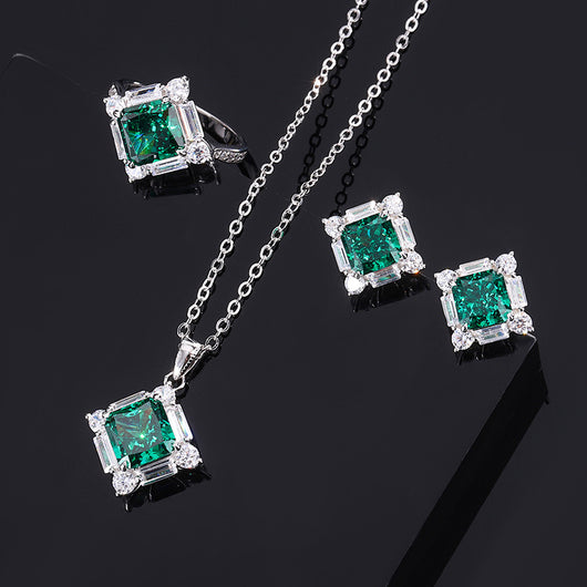 Conjunto de Anillo Plata 925 Esmeralda y Diamante Princesa Cuadrado - Image 8