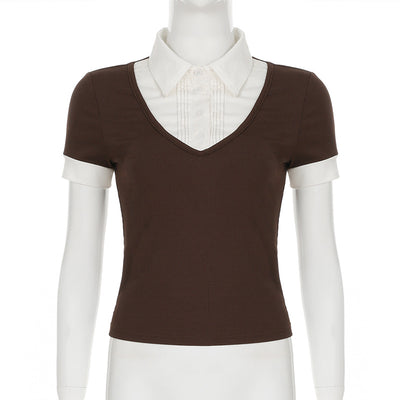 Playera Polo Retro Americana con Costuras Superpuestas para Mujer - Image 26