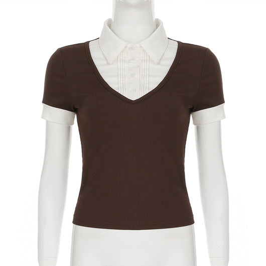 Playera Polo Retro Americana con Costuras Superpuestas para Mujer - Image 26