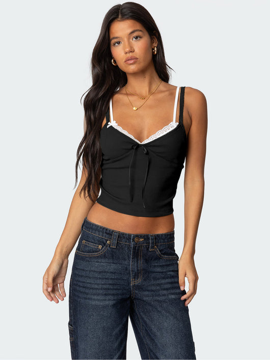 Blusa Elegante Lazo Contraste de Colores con Encaje Falsa Dos Piezas - Image 15
