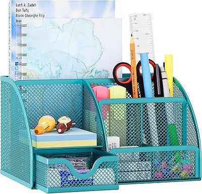 Organizador de escritorio EasyPAG de malla – Multifuncional, 6 compartimientos con cajón, ideal para papelería escolar y oficina, color negro - Tekeno
