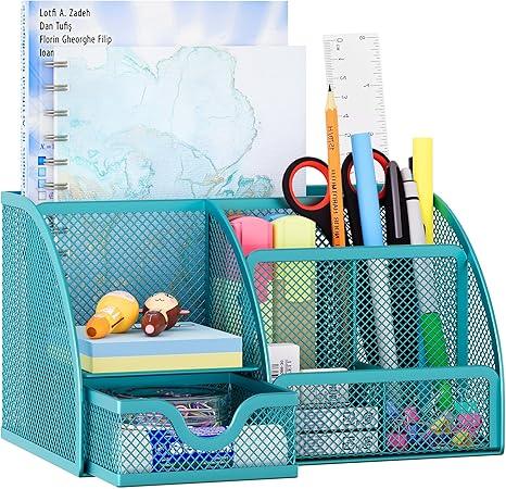 Organizador de escritorio EasyPAG de malla – Multifuncional, 6 compartimientos con cajón, ideal para papelería escolar y oficina, color negro - Tekeno